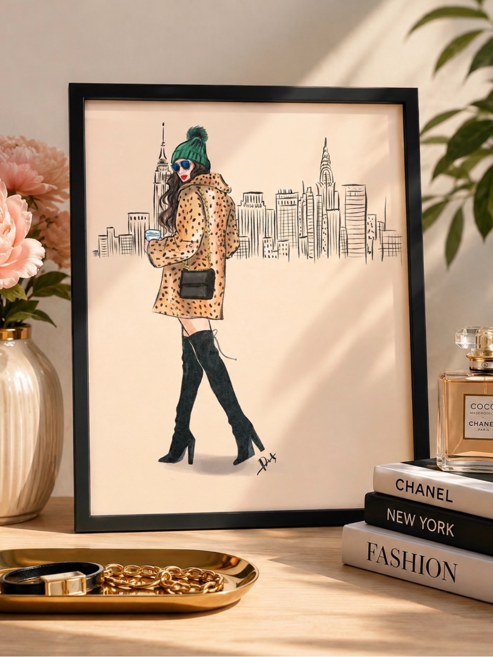 Framed Fashion Illustration Wall Art - Woman in Leopard Coat and Green Beanie